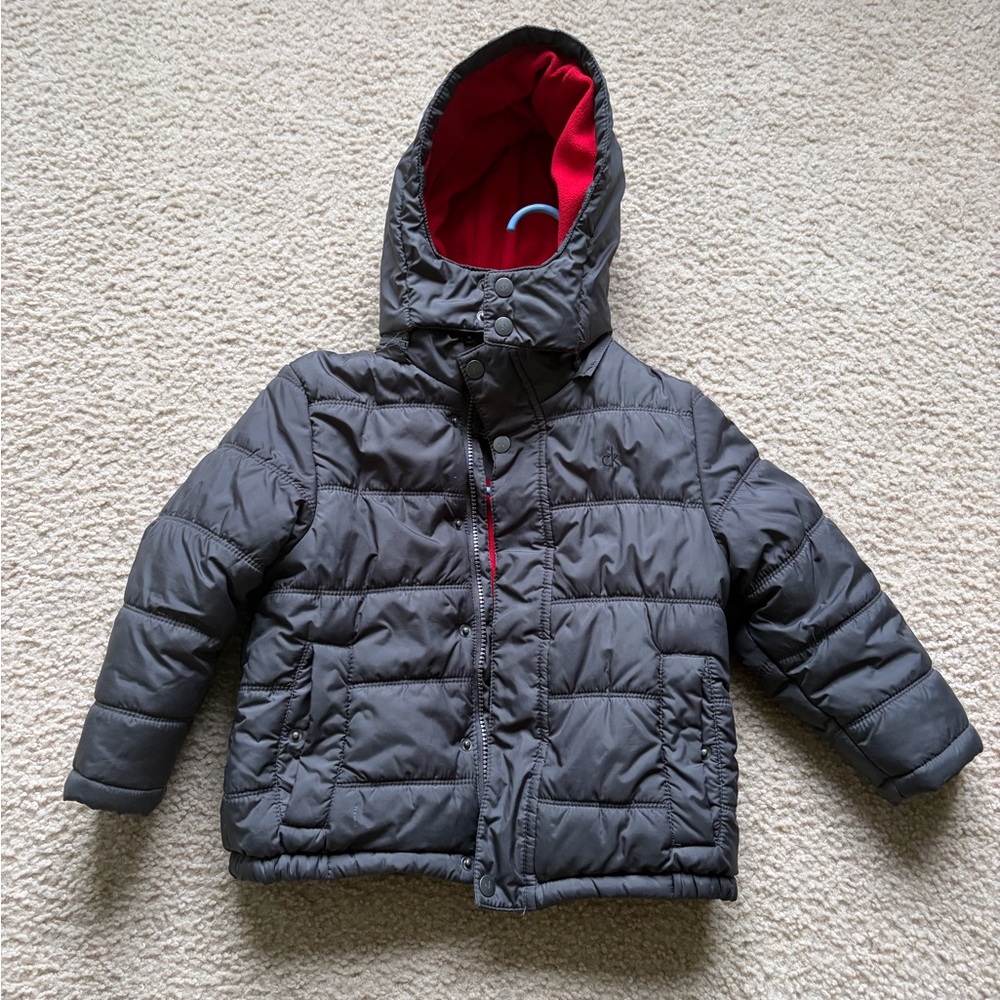 Calvin Klein Collection Kids Charcoal Puffer Jacket with Crimson Lining